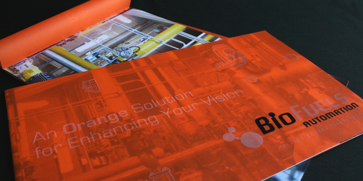BioFuels Automation Capabilities Brochure using a translucent orange overlay to highlight company techonology.